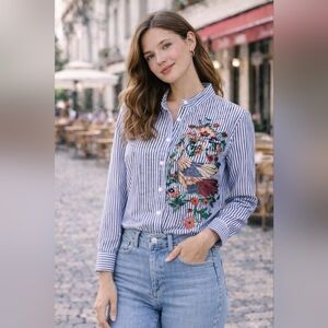 ZARA Woman Embroidered Striped Shirt – Crane Bird – Statement Piece – Size M
